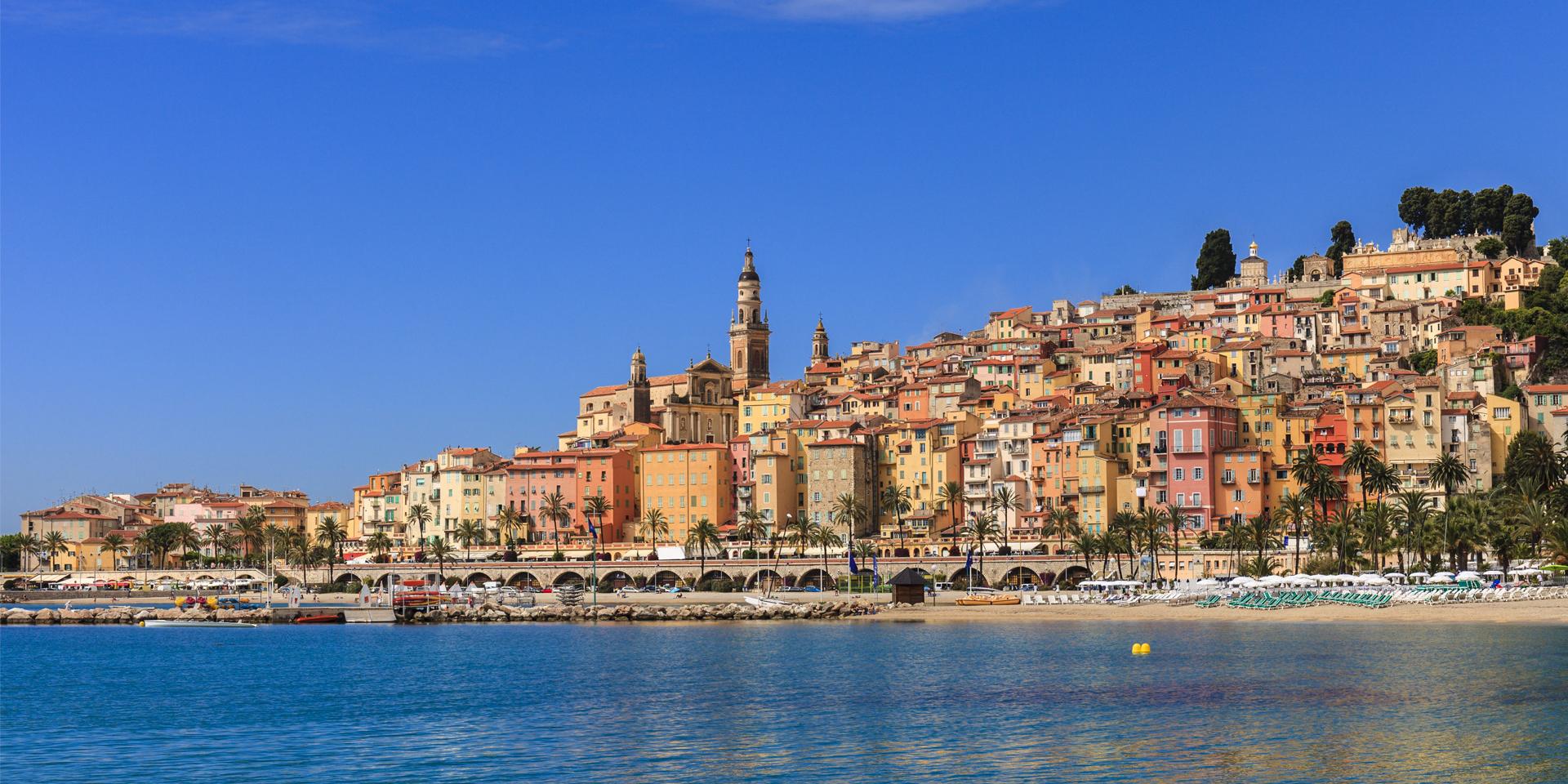 Old town of Menton and bay facing the Mediterranean, the last town before Italy