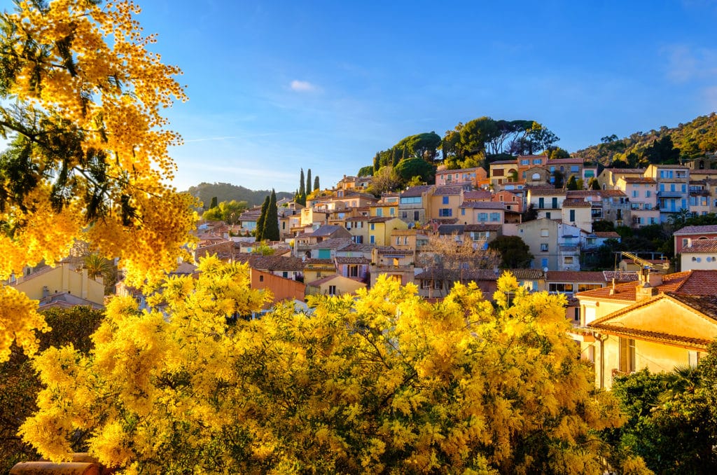 Bormes-les-Mimosas viewed from Saint-Pons: medieval village, Var, Le Lavandou