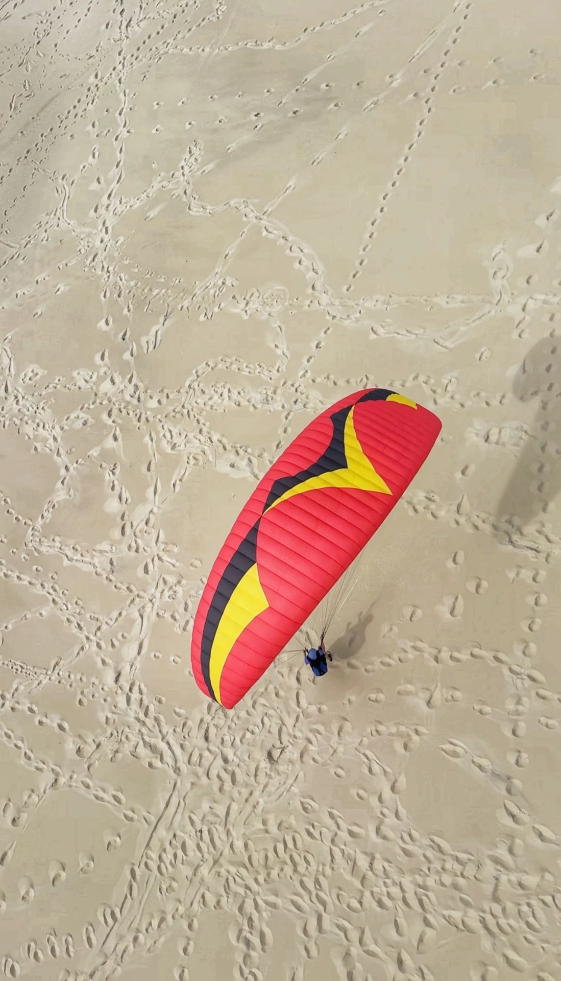 Stage Dune du Pyla avec la Waggas School : voile rouge et jaune en vol rasant au-dessus du sable, vue du ciel
